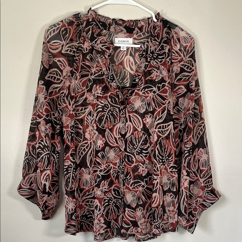Evereve Sheer Black and Pink Leaf Print Blouse
